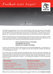 AK-Vorrat Infoflyer A4 „Freiheit statt Angst!“· Heimdruckerversion (PDF)· Textversion (ODT)· Offsetdruckversion (PDF)· Im FoeBuD-Shop bestellen